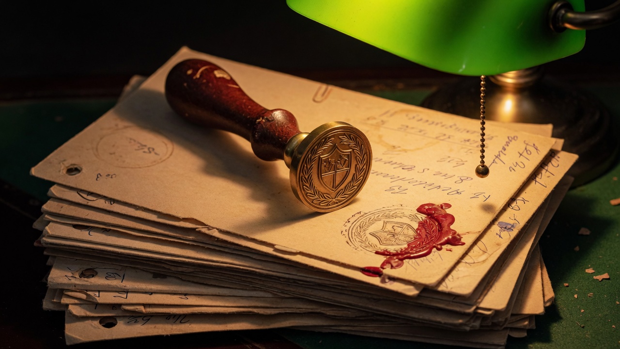 Manila folder with a wax seal and brass clip on forest-green felt